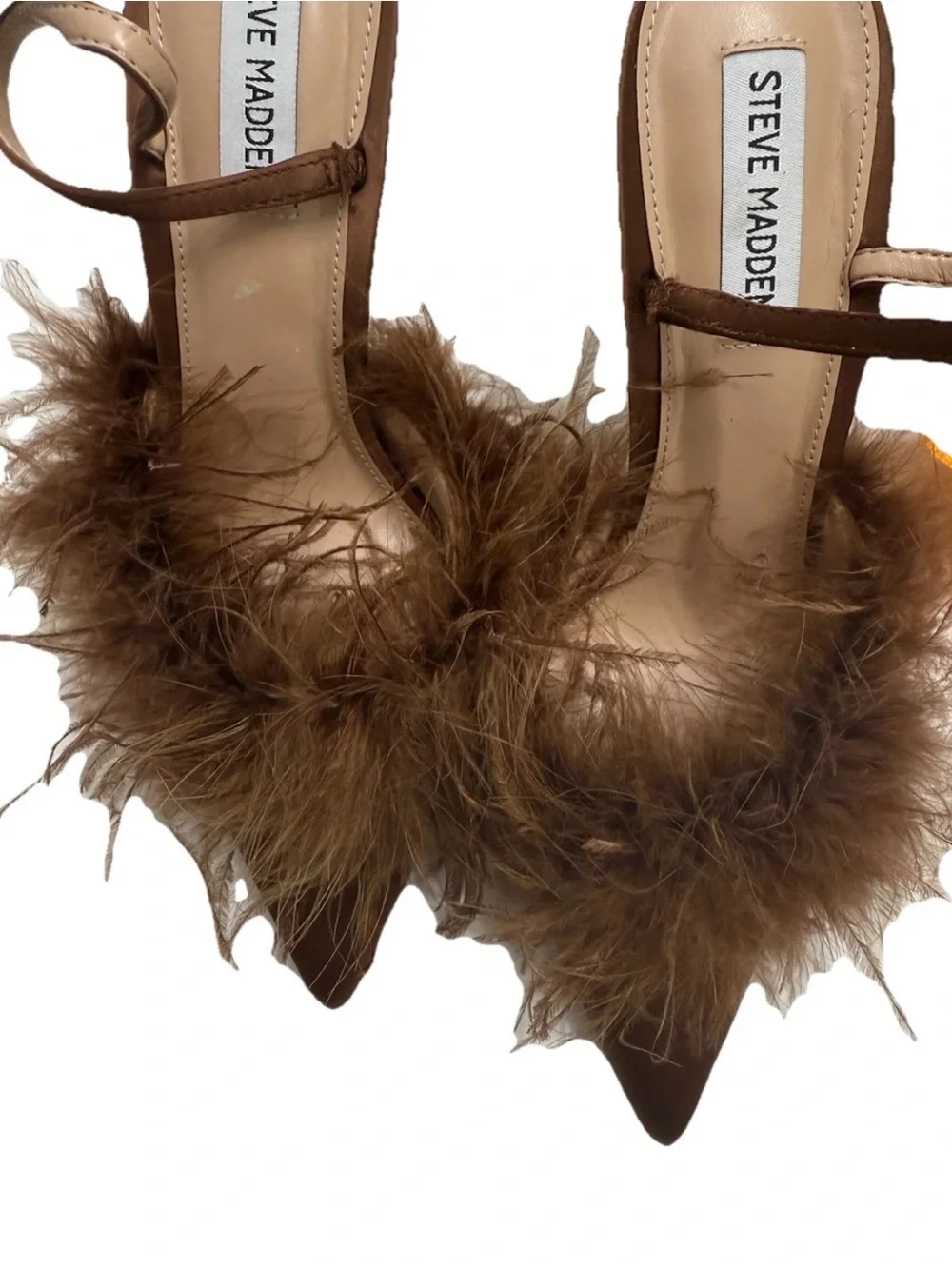 Steve Madden cocktail Satin Pumps and Feather Toe SlingBack Brown Heels Size 9